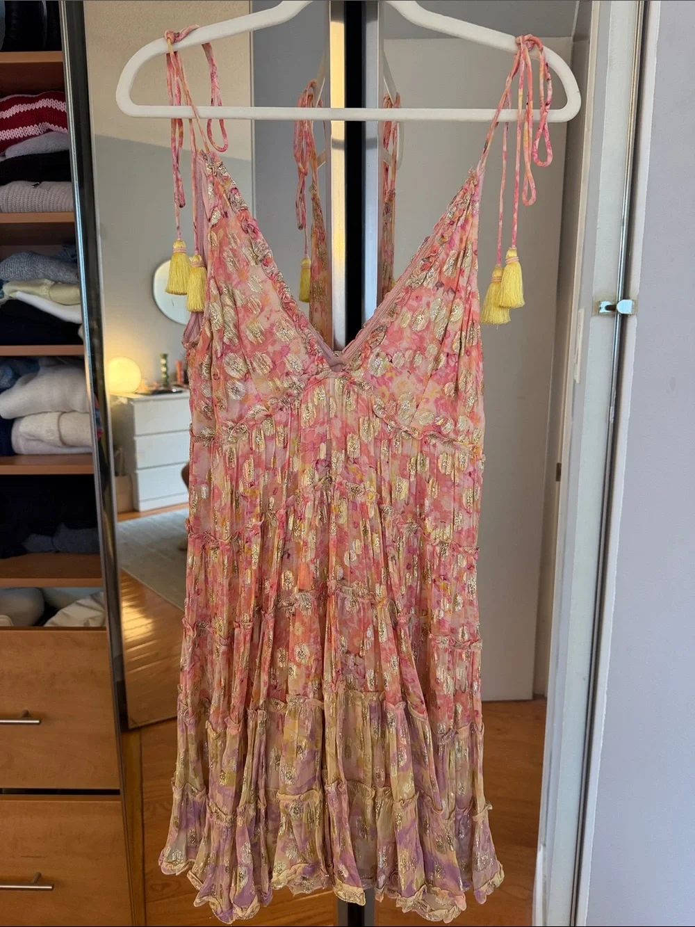 Pink Shimmer Floral Tie-Shoulder Sundress with Yellow Tassels